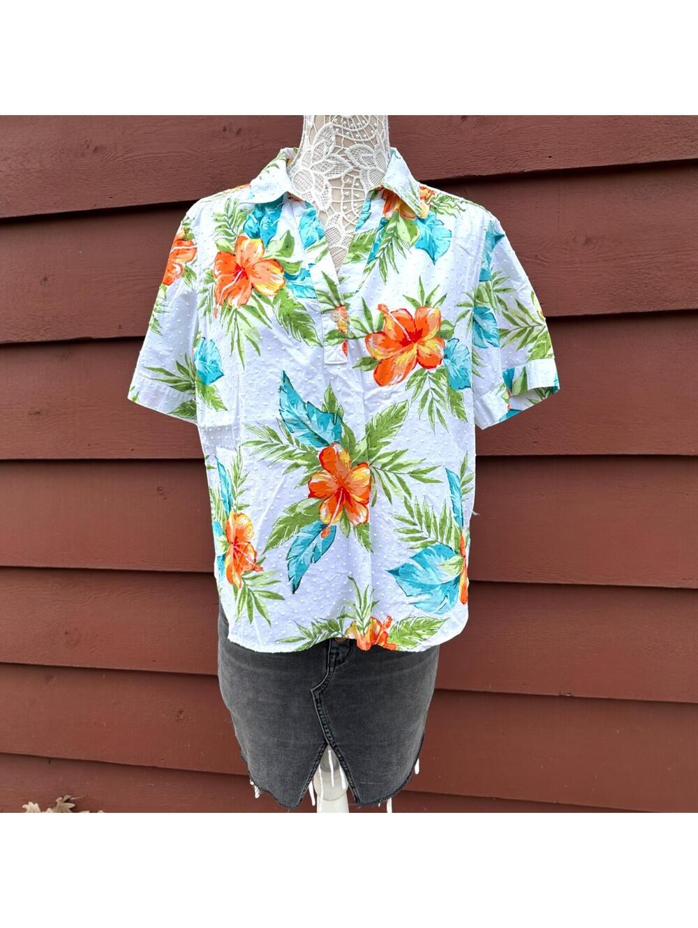Vintage Cathy‎ Daniels Tropical Hibiscus Short Sleeve Top